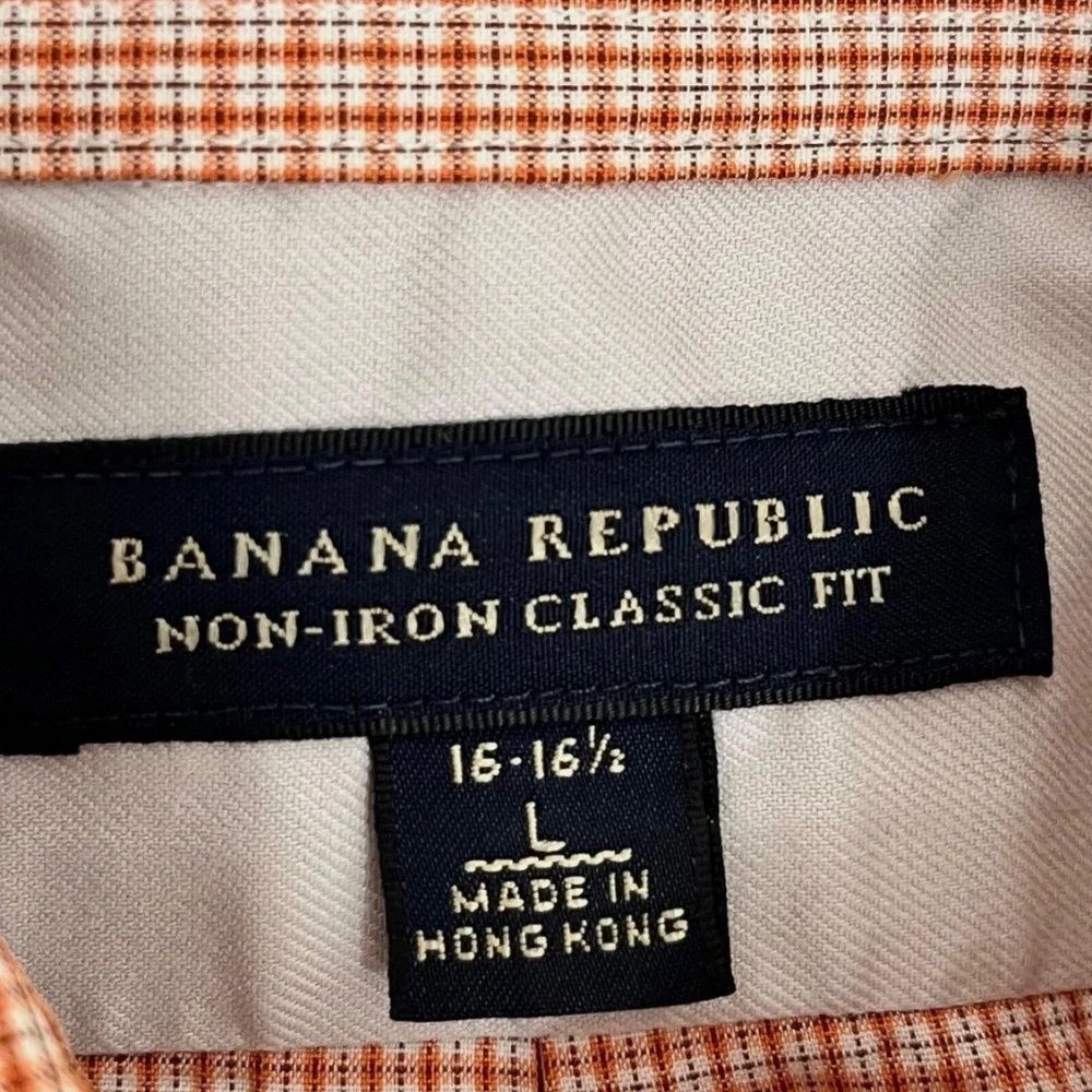 Banana Republic Men’s L 16-16.5 Orange White Plaid‎ Dress Shirt Non Iron Cotton